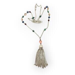 Coastal Color Beaded Silver Tassel Necklace • Long 35″ • Coastal Boho Luxe